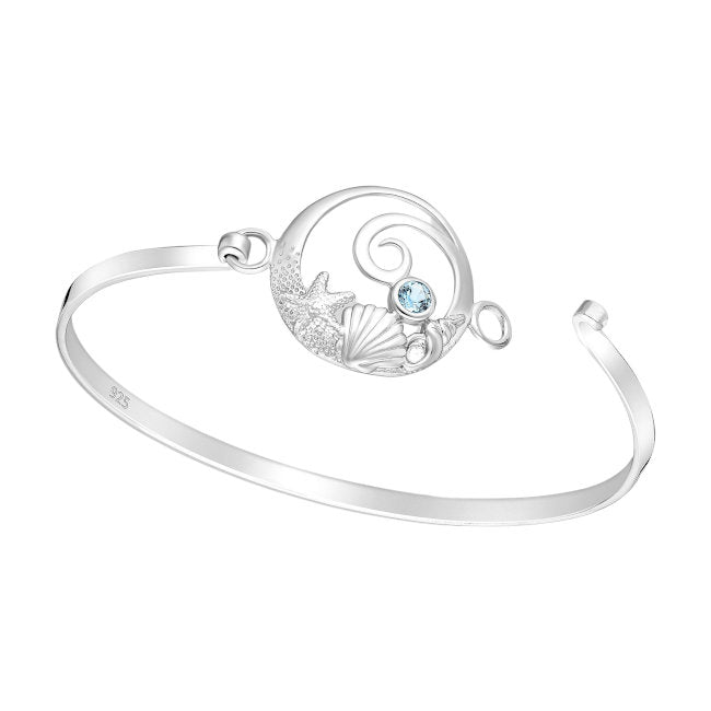 Starfish, Shell & Wave Sterling Silver Bangle with Blue Topaz shown with clasp open