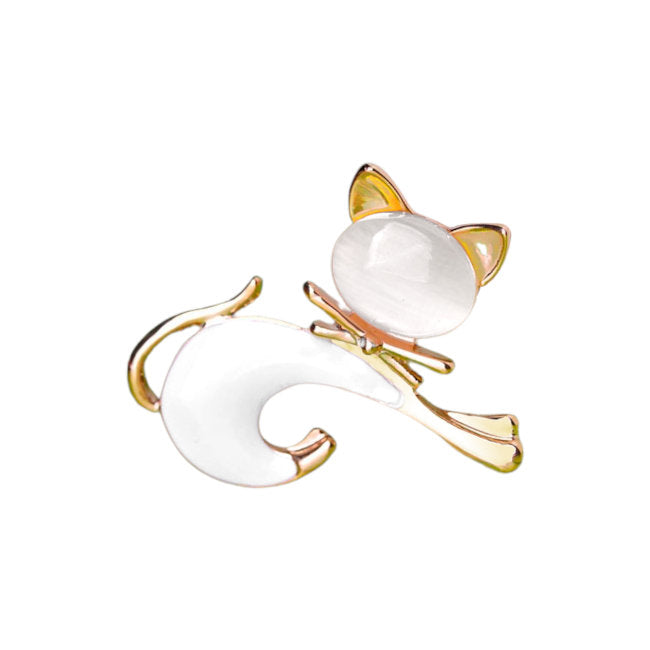 Cat Pin with White & Gold Enamels