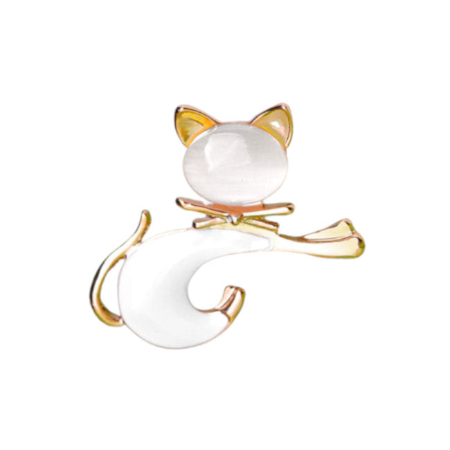 Cat with Gold and White Enamel Brooch