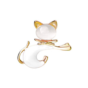 Cat with Gold and White Enamel Brooch
