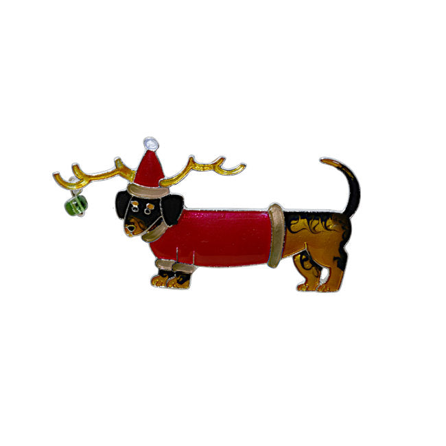 Dachshund Sterling Silver plated Brooch with Enamels in festive reindeer costume