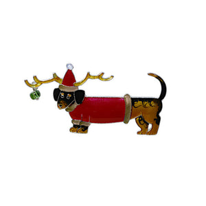 Dachshund Sterling Silver plated Brooch with Enamels in festive reindeer costume