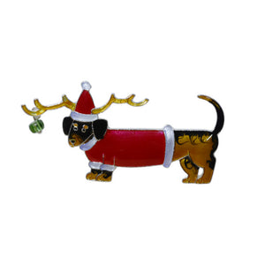 Christmas Dachshund Sterling Silver plated Pin with Enamels