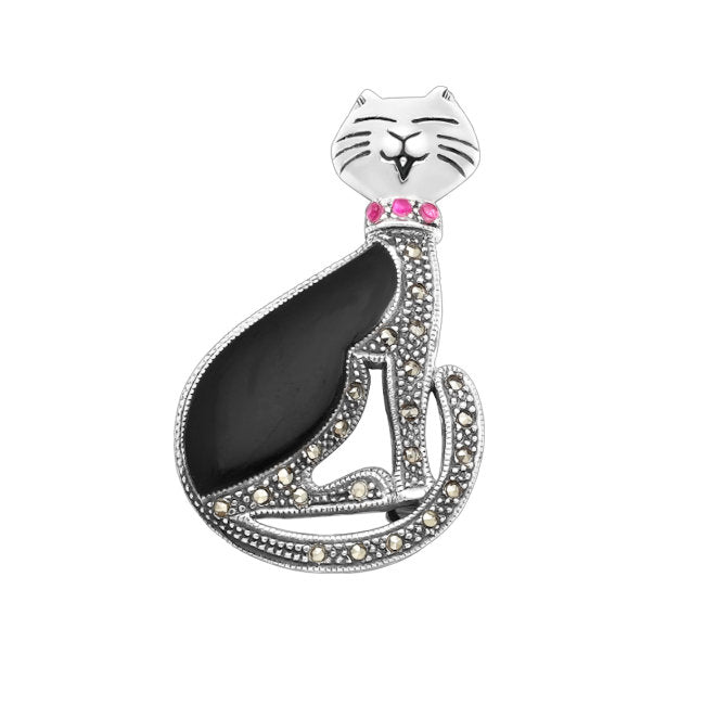 Cat Sterling Silver with Marcasite & Cubic Zirconia Brooch