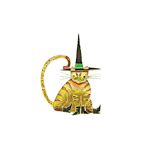 Cat with Witches Hat Silver plated Pin with Enamels