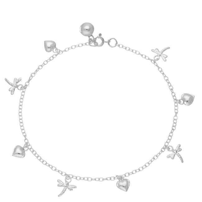 Dragonfly Heart Sterling Silver Charms Anklet