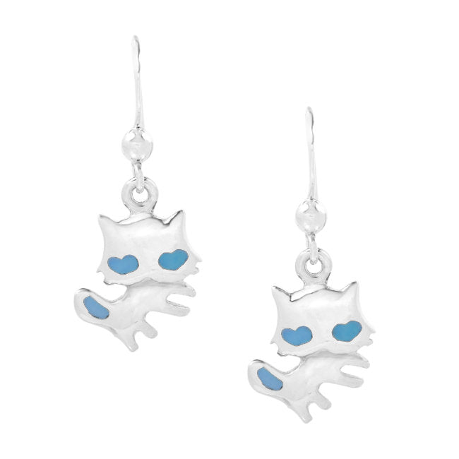 Cat Sterling Silver and Blue Enamel dangle Earrings