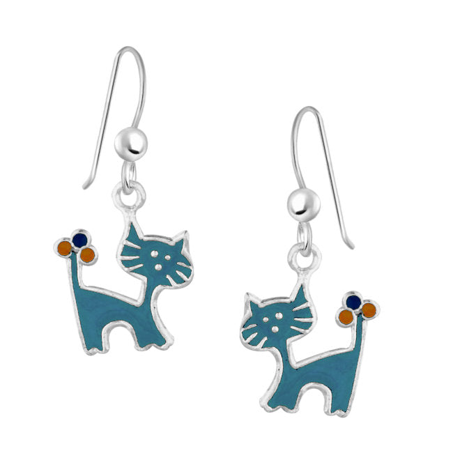 Cat Sterling Silver with Aquamarine Enamel dangle Earrings