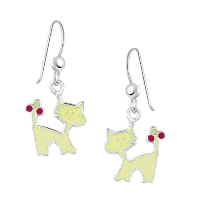 Cat Sterling Silver with Yellow Enamels dangle Earrings