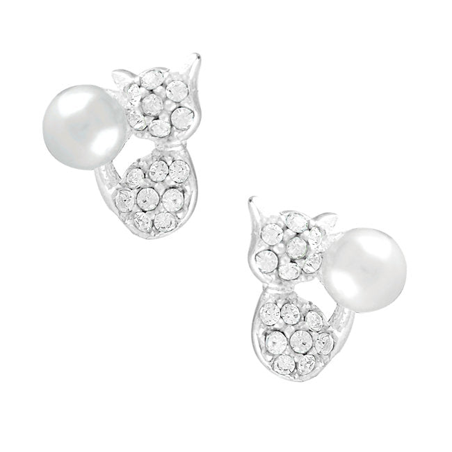 Cat Sterling Silver push-back Earrings with Crystal & faux Pearl