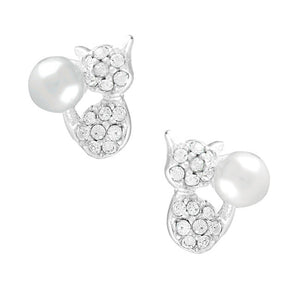 Cat Sterling Silver push-back Earrings with Crystal & faux Pearl