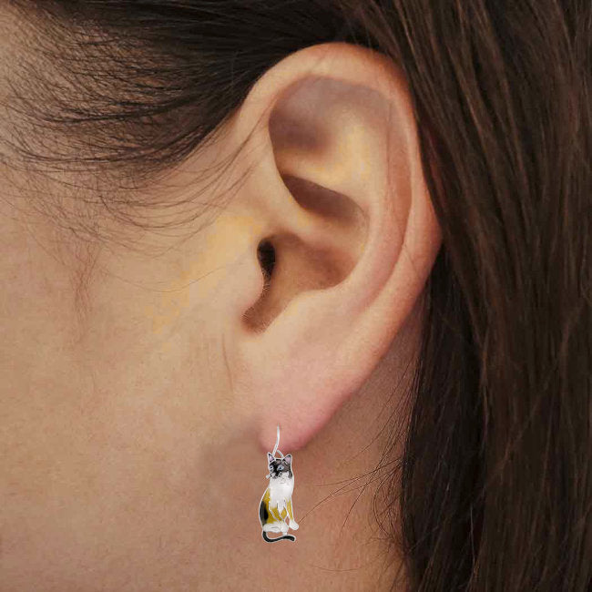 Siamese Cat Sterling Silver plated hook Earrings with Enamels modelled