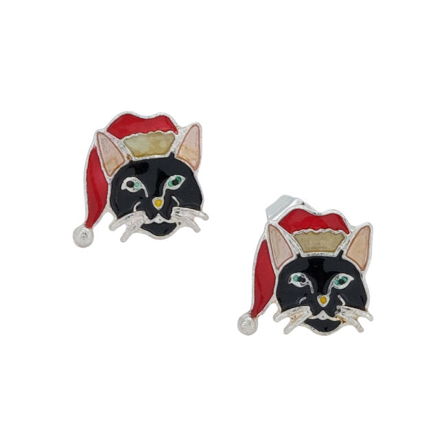 Black Cat with Santa Hat Sterling Silver plated push-back Earrings with Enamels