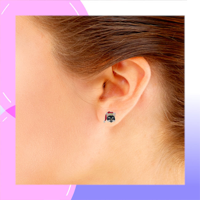 Black Cat with Santa Hat Sterling Silver plated push-back Earrings with Enamels modelled