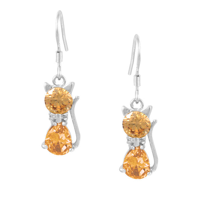 Cat Sterling Silver hook Earrings with Champagne Crystals