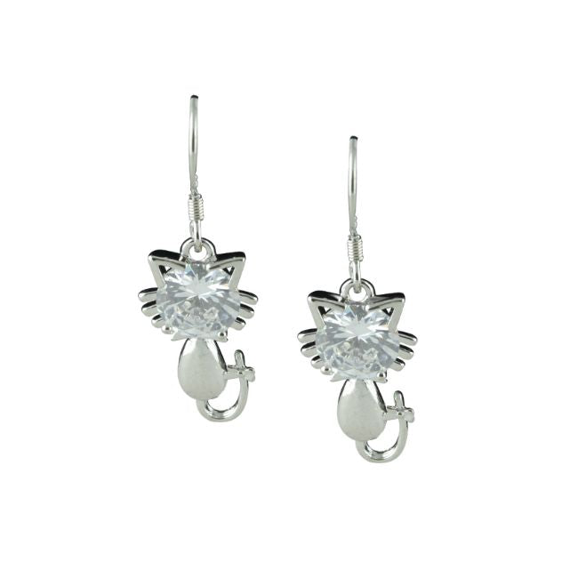 Cat Sterling Silver with Cubic Zirconia dangle Earrings