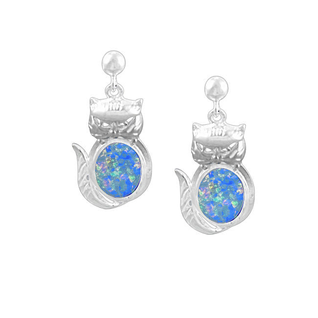 Cat Sterling Silver with Blue lab-created Opal dangle Earrings 