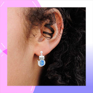 Cat Sterling Silver with Blue lab-created Opal dangle Earrings modelled