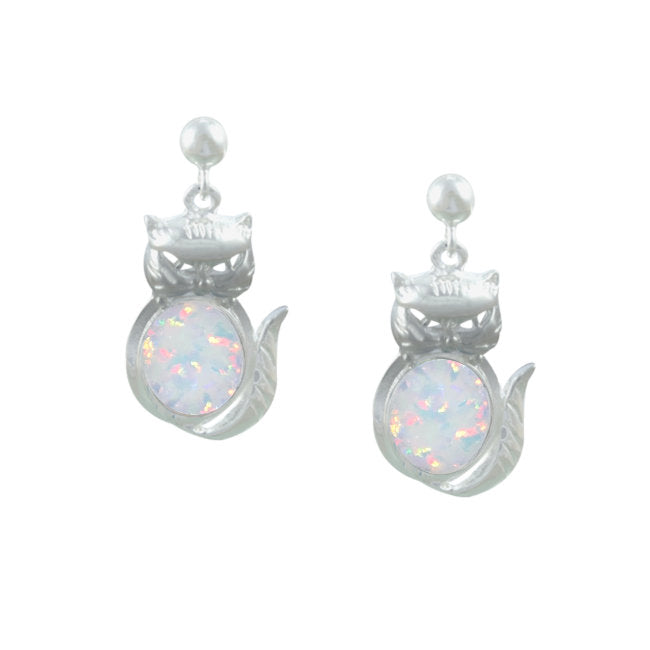 Cat Sterling Silver with White lab-created Opal dangle Earrings