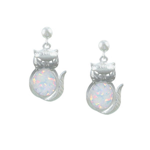 Cat Sterling Silver with White lab-created Opal dangle Earrings
