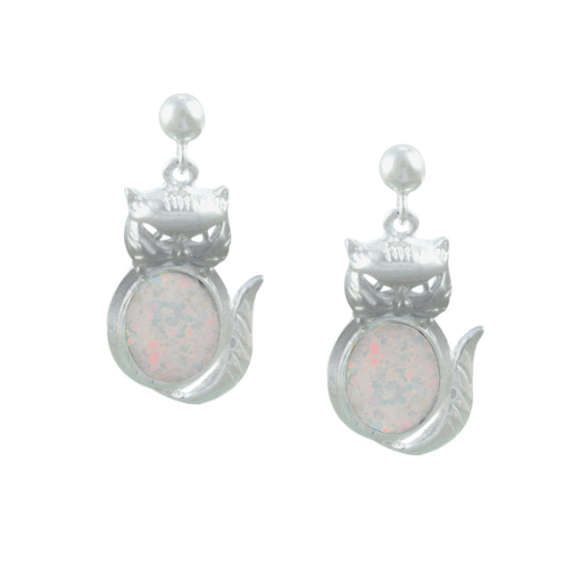 Cat Sterling Silver Earrings with White Created Opal