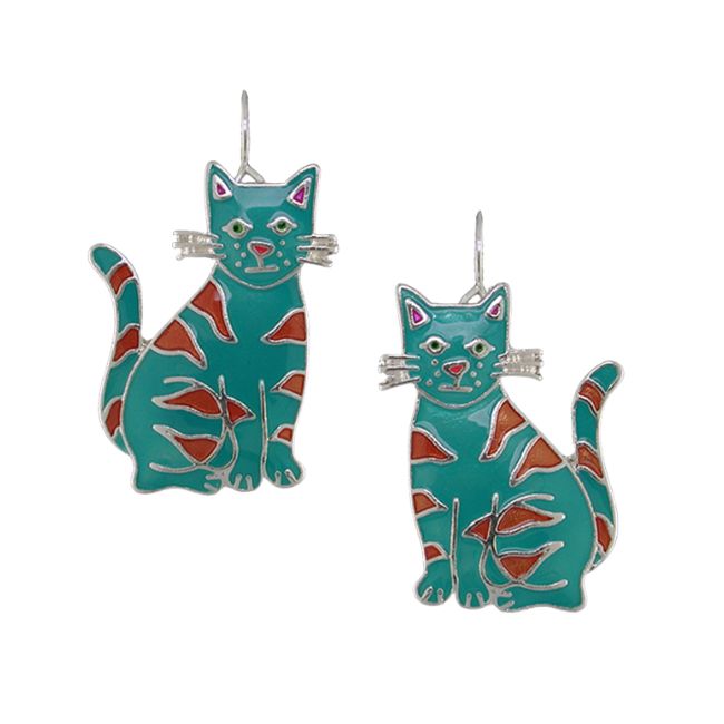 Calypso Cat Sterling Silver plated dangle Earrings with Enamels