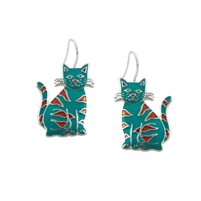 Calypso Cat Sterling Silver plated dangle Earrings with Enamels