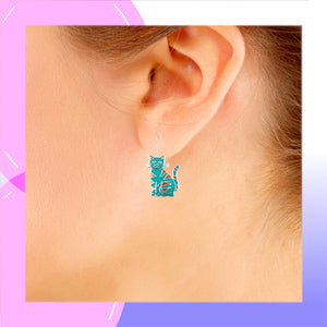 Calypso Cat Sterling Silver plated dangle Earrings with Enamels modelled
