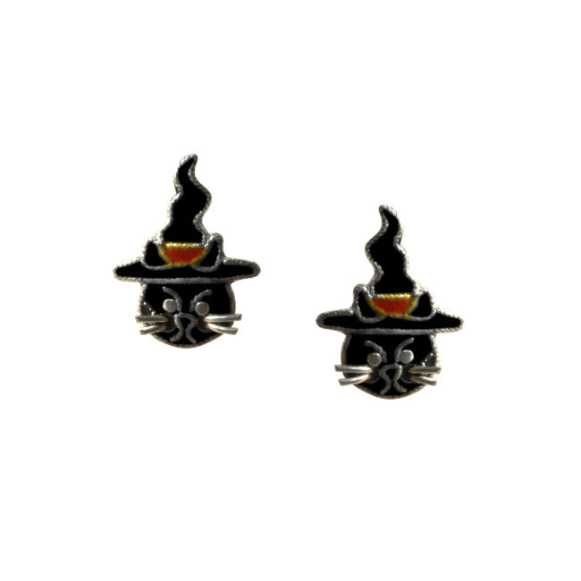 Cat in Witch's Hat Sterling Silver plated stud Earrings with Enamels