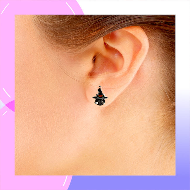 Cat in Witch's Hat Sterling Silver plated stud Earrings with Enamels modelled