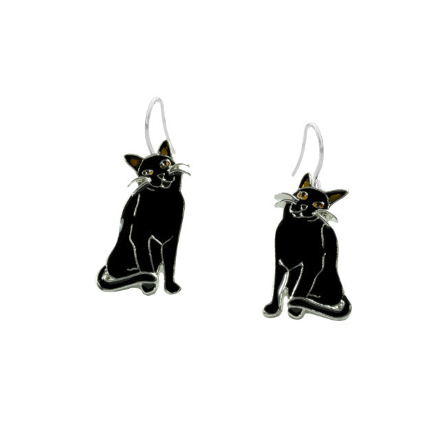 Black Cat Sterling Silver plated dangle Earrings with hand-painted Enamels