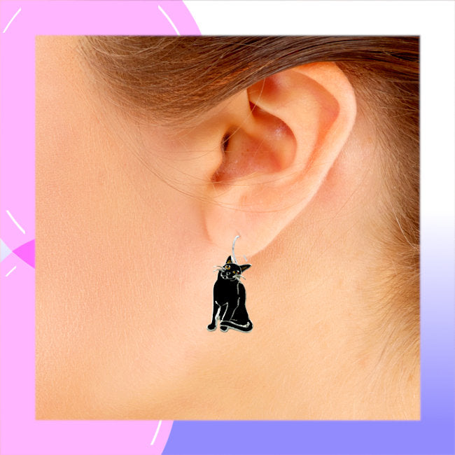 Black Cat Sterling Silver plated dangle Earrings with hand-painted Enamels modelled