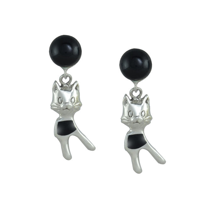 Cat Sterling Silver with Black Onyx drop Earrings