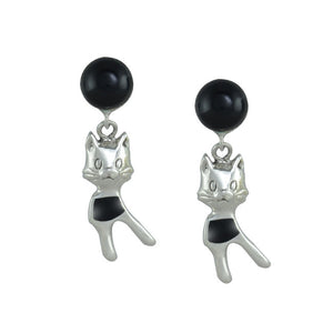 Cat Sterling Silver with Black Onyx drop Earrings