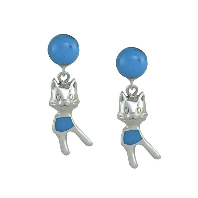 Cat Sterling Silver with Blue Turquoise drop Earrings