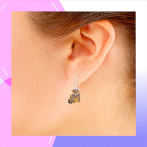 Tabby Cat Sterling Silver plated dangle Earrings with Enamels modelled