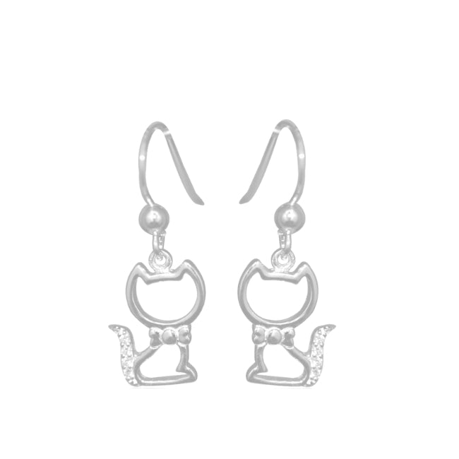 Cat with Bow Sterling Silver hook Earrings with Cubic Zirconia