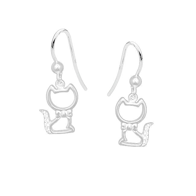 Cat with Bow Sterling Silver with Cubic Zirconia dangle Earrings
