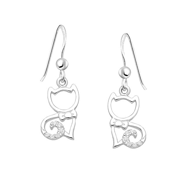 Cat with Curly Tail Sterling Silver Earrings with Cubic Zirconia