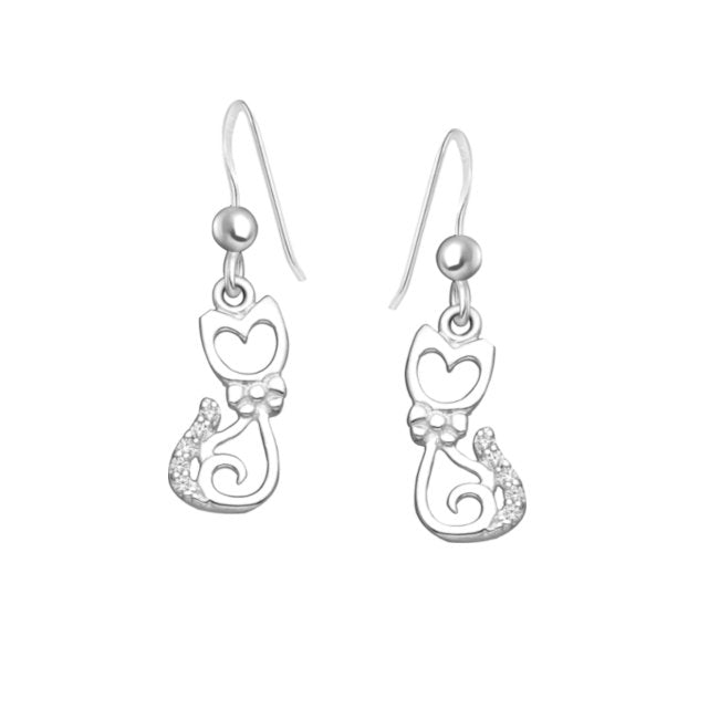 Cat with Heart Face Sterling Silver with Cubic Zirconia dangle Earrings
