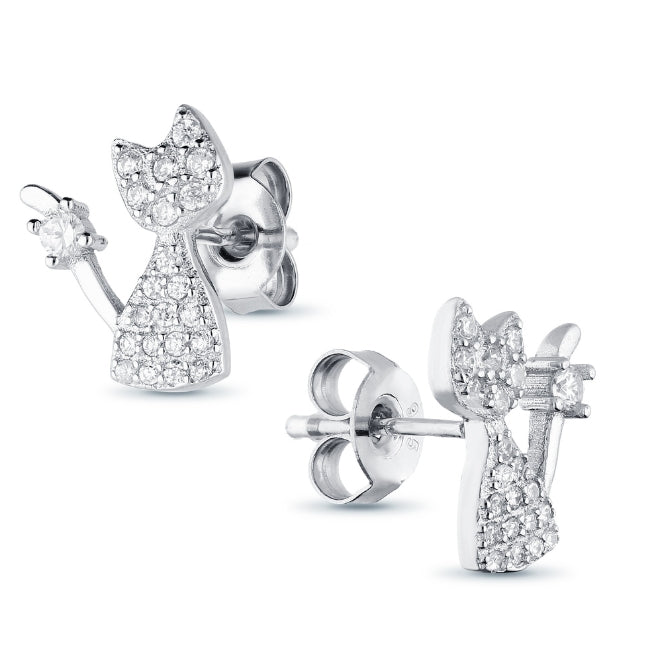 Cat Sterling Silver stud Earrings with Cubic Zirconia