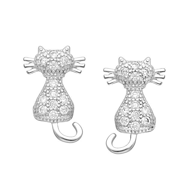 A pair of silver cat-shaped stud earrings paved with clear cubic zirconia stones, shown on a plain white background.