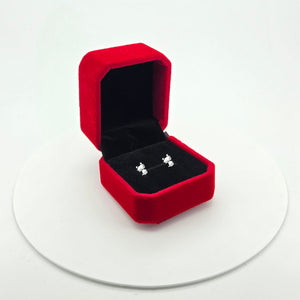 Cat Sterling Silver stud Earrings displayed in an open red velvet jewelry box