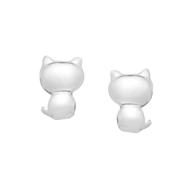 A pair of silver stud earrings shaped like small cat heads seen from the back, shown on a plain white background.