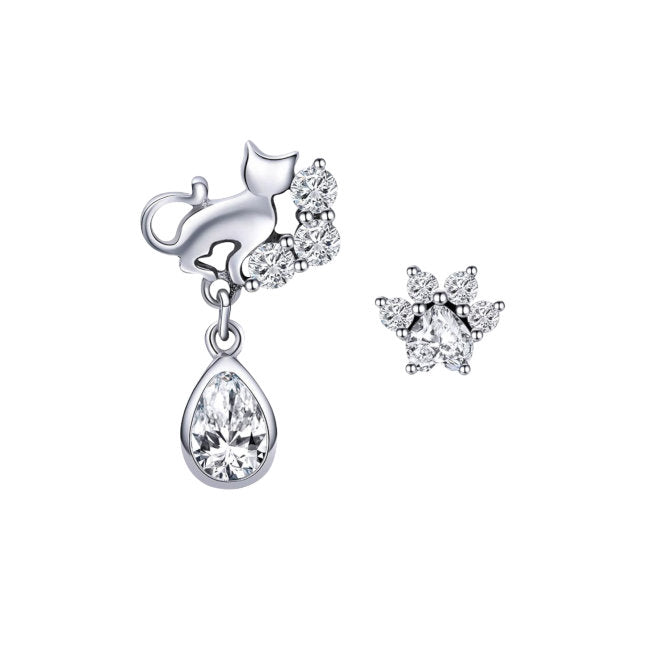 Cat & Paw Sterling Silver with Cubic Zirconia Asymmetrical Earrings