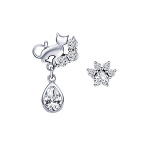 Cat & Paw Sterling Silver with Cubic Zirconia Asymmetrical Earrings
