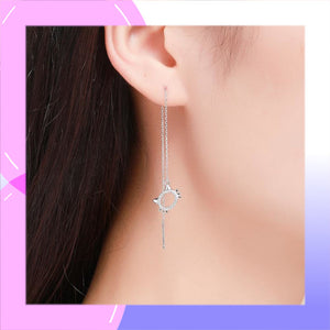 Cat Face & Paw Sterling Silver with Cubic Zirconia Asymmetrical threader Earrings modelling the Cat Face