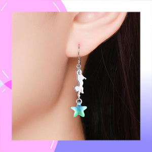 Cat with Star Sterling Silver dangle Earrings modelled