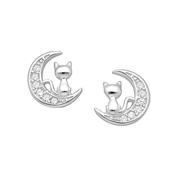 Cat & Moon Sterling Silver and Cubic Zirconia stud Earrings