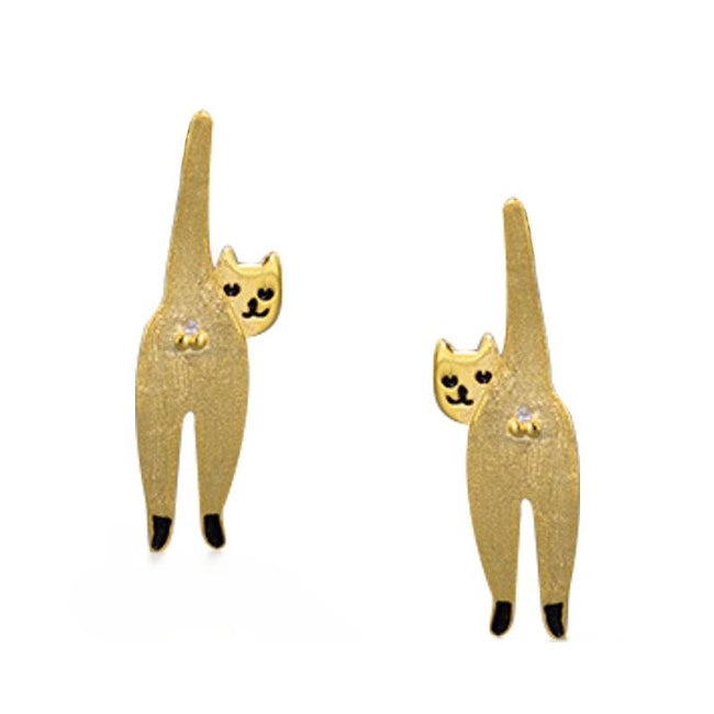 Cat Sterling Silver dangle Earrings with 18k Gold